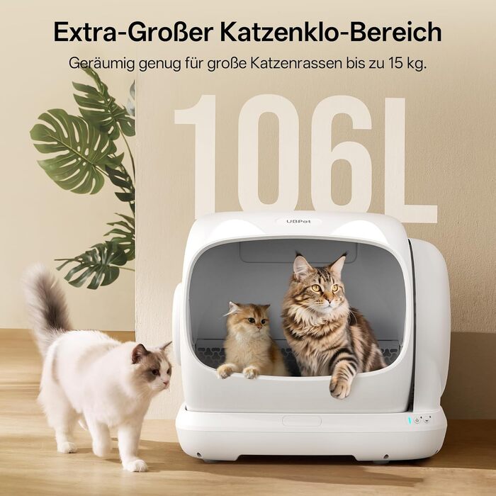 Автоматичний самоочисний лоток для котів UBPET XXXL (106 л) з керуванням через додаток, дезодоризатором, для великих порід та кількох котів, білий