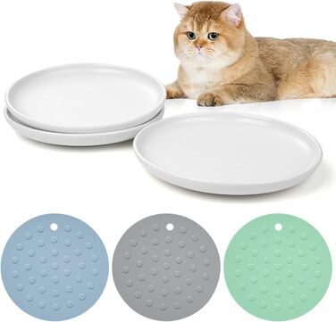 Керамічні годівниці для котів, набір 3 шт. з антиковзними килимками, широкі та плоскі миски для котів та кошенят, білий колір