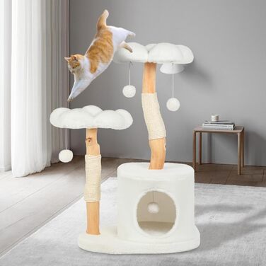 Котячий комплекс-такса для дорослих котів, дерев'яний сучасний котодерево з 6 помпонами, естетичний розкішний будиночок з когтеточкою для котів та кошенят