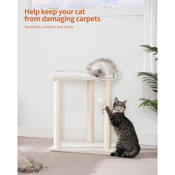 Котячий будиночок-колонна FourFurPets з сизалю, 67,8 см. Ідеально для кішок, велика платформа, три стовпчики для заточування кігтів, білий колір