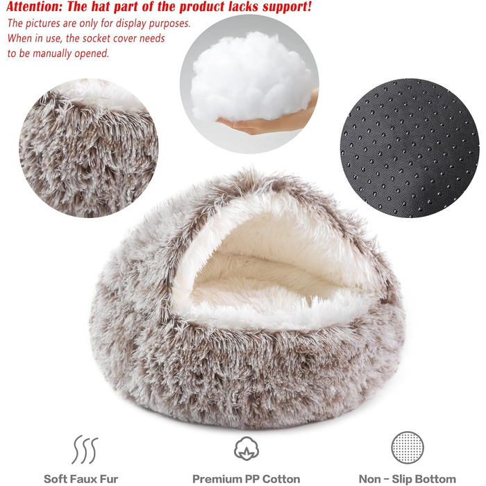Кругле собаче ліжко NOYAL з капюшоном для маленьких та середніх тварин – плюшеве, м'яке, заспокійливе ліжко-будиночок для котів та собак (XLarge 31.5", Колір: коричневий)