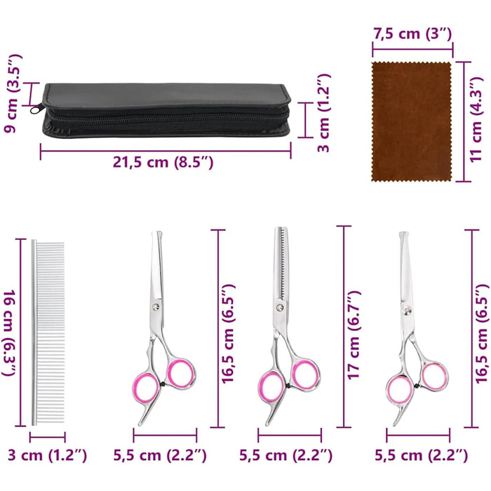 Набір професійних ножиць для собак з нержавіючої сталі - для всіх порід - з ножицями для фінальної обробки, гребінцем та ганчіркою - сріблястий Model4101328