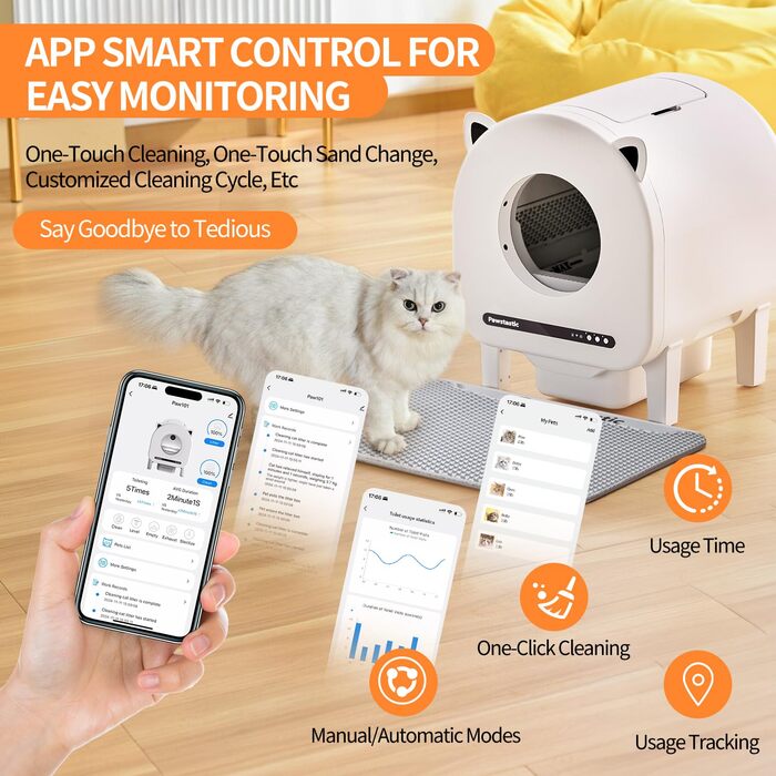 Автоматичний лоток для котів 68л з самоочищенням, з APP-керуванням, захистом та нейтралізатором запаху, з килимком та 2 рулонами сміттєвих пакетів, для кількох котів