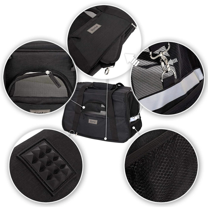 Транспортна переноска для собак та котів Lionto, складна, чорна, 49x27x32 см, з ручками та плечовим ременем, з м'яким килимком