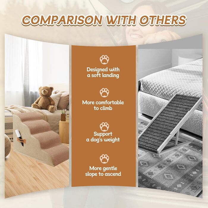 Сходинки для собак та котів ROMROL – 4 сходинки, коричневі, з неслизьким покриттям, з memory foam, для захисту суглобів