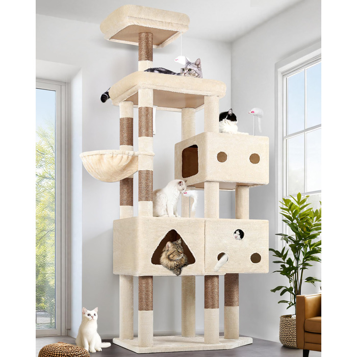 Комплекс для котів Globlazer Beige XXL 207 см з будиночком 45x35 см, платформами, стовпчиками з сизалю та кошиком