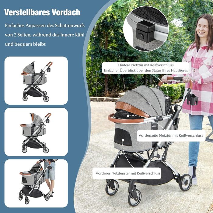 GYMAX 2-в-1 Візок для собак, візок для домашніх тварин з захистом від дощу, візок для собак з кошиком для зберігання та тримачем для напоїв, складний візок-переноска для собак та котів
