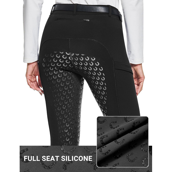 Легінси для верхової їзди жіночі зимові FitsT4 з флісу, силіконовий повний сидіння, з блискавкою та петлями для ременя, чорні, розмір M