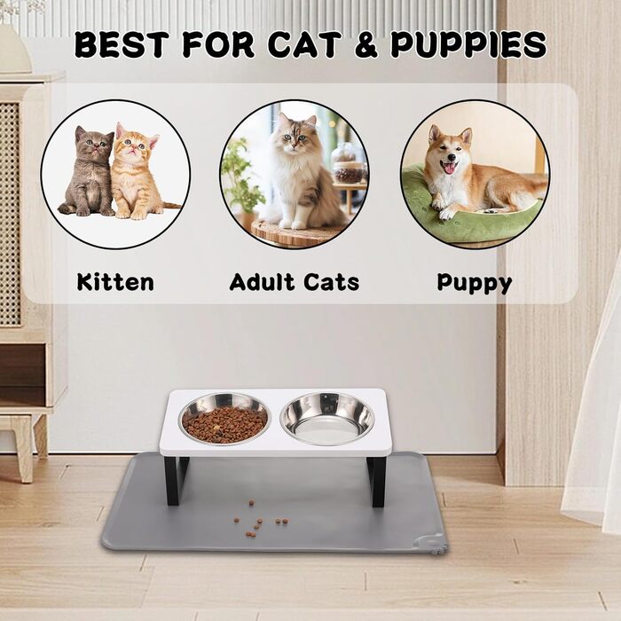 Підвищений годівниця для котів з килимком, нахилений під кутом 15°, миска для їжі та води, що запобігає блювоті, 2 шт. з нержавіючої сталі для котів та цуценят (сірий), 2 миски (білий)