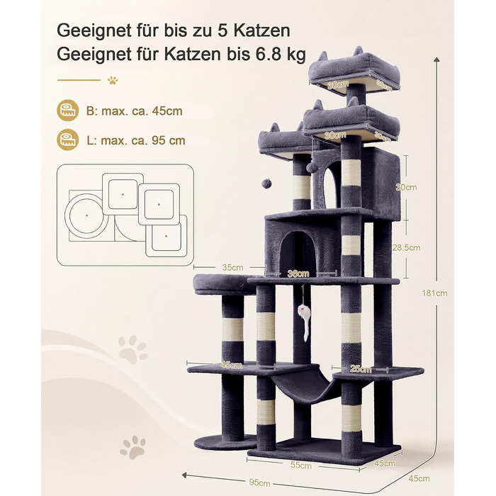 Ігровий комплекс для котів Kratzbaum, висота 181 см, кігтеточка-драбка для квартири (темно-сірий)