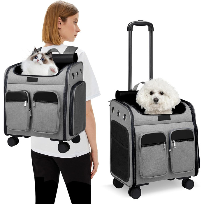 Рюкзак-переноска для кота та собаки PETCUTE з візком 2 в 1 до 11 кг, сірий. Знімний килимок, дихаюча переноска для подорожей з тваринами