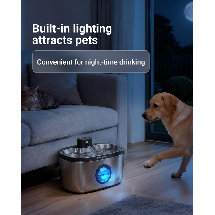 Джерело води для собак з LED-сенсором, фонтанчик для котів бездротовий, 4-шарова фільтрація, нержавіюча сталь, 5.0L