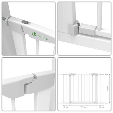 Захист для сходів Vounot без свердління, 75-108 см, для дітей, собак та котів, автоматичне закриття, магнітний замок, 90° фіксація, білий (2x подовжувач)