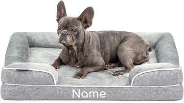 Ортопедичне ліжко для собак Lionto з піднятим бортиком, 89x63x17 см, міцне собаче ліжко з м'яким фланелевим наповнювачем, знімний та пральний чохол, неслизьке, для маленьких та великих собак та котів, сіре (з іменним нанесенням)
