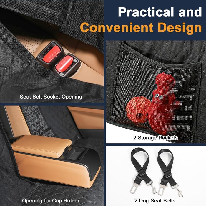 Захисний чохол на заднє сидіння автомобіля для собак, водовідштовхуючий, антиковзний, з 2 ременями безпеки, чорний