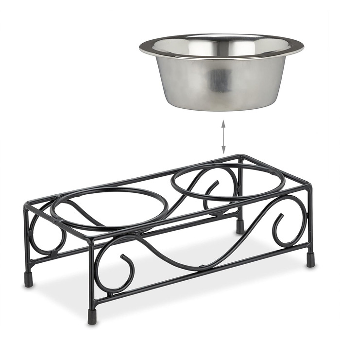 Набір мисок для собак Relaxdays з підставкою, 2 миски з нержавіючої сталі по 300 мл, чорний/сріблястий, для корму та води