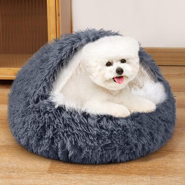 Кругле собаче ліжко NOYAL з капюшоном для маленьких та середніх тварин – плюшеве, м'яке, заспокійливе ліжко-печера для котів та собак (велике 70 см, сірий темно-сірий)