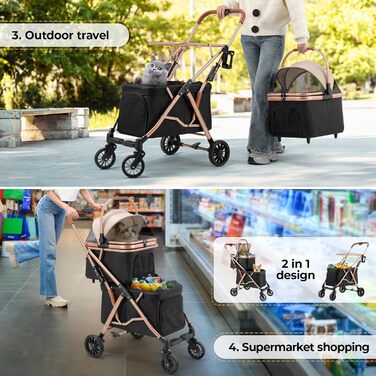 MAMIZO Подвійний візок для собак, переноска для тварин до 15 кг, складаний двоярусний візок для собак, котячий візок на 2 яруси з 4 зносостійкими колесами PU, чорний
