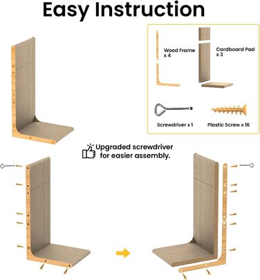 Кігтеточка для котів Conlun L-подібної форми, 58 см, настінний монтаж, вертикальна поверхня для дряпання, міцна картонна поверхня для захисту меблів, велика, біла (2 шт., світле дерево)