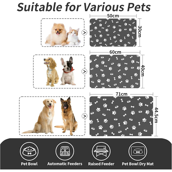 Підкладка для годівлі домашніх тварин – вбираюча підкладка під миски для їжі та води, без плям, швидковисихаюча (темно-сіра, з кількома лапами, 44.5 x 71 см)