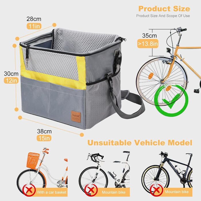 PETCUTE Кошик для собак на велосипед, з ременем безпеки, жовто-сірий, до 7.5 кг