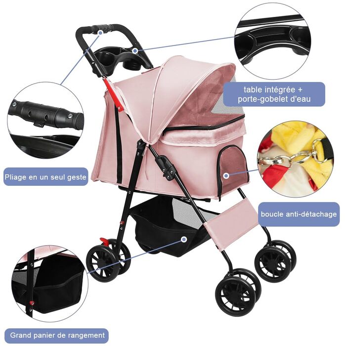 Дитяча коляска для собак та котів Homewell, складана, до 20 кг, з ременями на плече, багажником та тримачем для напоїв (Рожева)