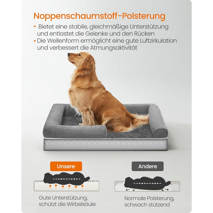 Ортопедичне ліжко для собак Feandrea, м'яке, з піднятими бортиками, 112x86x18 см, сіре
