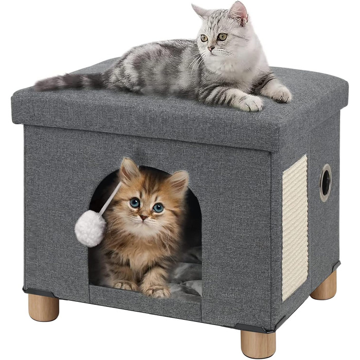 Складане котяче ліжко BRIAN & DANY для дому, великий куб-будиночок для котів із кігтеточкою та м'ячиком, 45x37,6x38,1 см, сірий