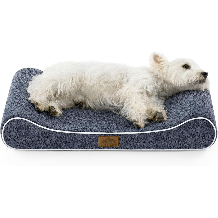 Ортопедичне ліжко для собак маленьких порід, миється, 76x50x12 см, зі знімним покриттям та піднятим бортиком. М'яке, нековзне та водонепроникне собаче ліжко у формі човна, синього кольору, розмір S (76x50x12 см)