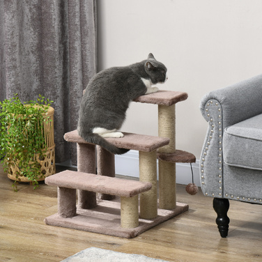 PawHut Cat Stairs Сходи для домашніх тварин для котів та собак 3 сходинки з кігтеточками Play Ball Plush Brown 45x40x48см для більшого комфорту
