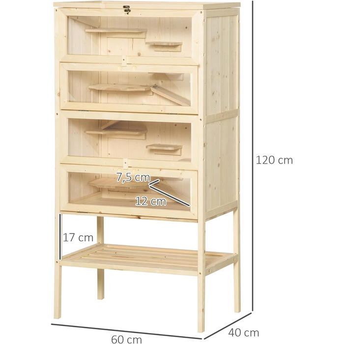 Клітка для гризунів PawHut 5 поверхів, 60 x 40 x 120 см, з драбиною, з натурального дерева, для хом'яків, мишей, дрібних тварин