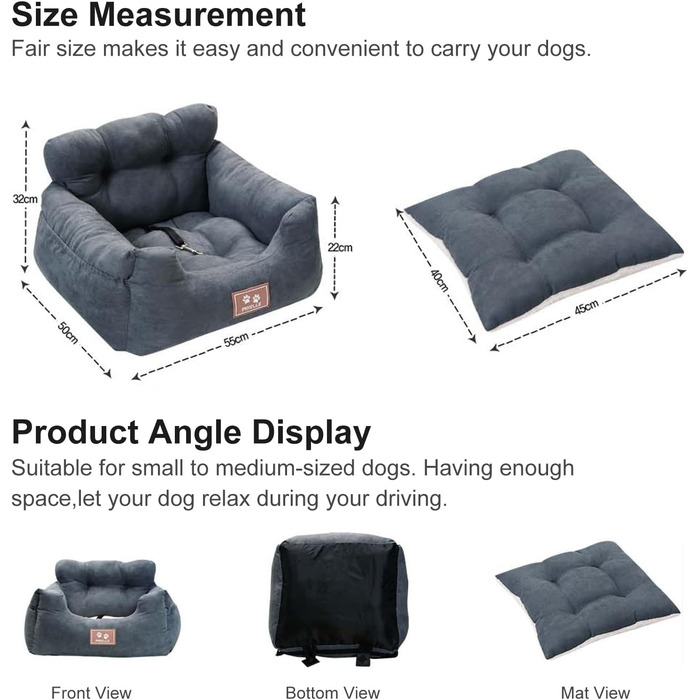 PETCUTE: Зручний автокрісло для собак, сірого кольору. Безпечний кріплення, знімний килимок, кишені для зберігання. Підходить для маленьких собак