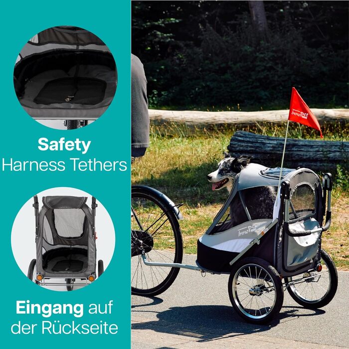 Innopet Sporty: Причіп для собак Innopet Sporty Deluxe (30 кг) - 2-в-1: бугель та причіп для велосипеда, з дощем. Чорний/Срібний