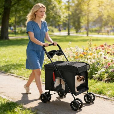 Дитяча коляска для собак та котів Homewell, чорна, складана, з сіткою, ременями та тримачем для напоїв, до 20 кг