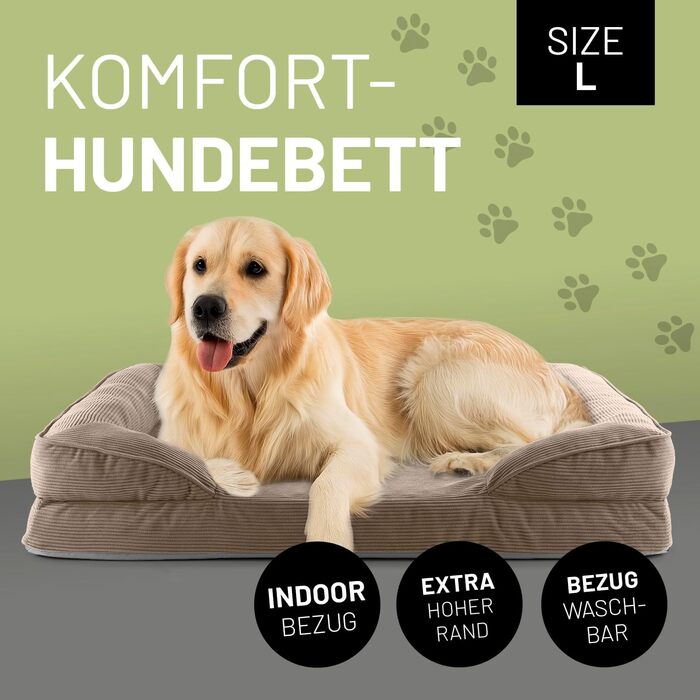 Ортопедичне ліжко для собак Lumaland з корду | Ергономічне собаче ліжко-софа 110x75 см - для великих собак | Нековзне дно | Зручна наповнювач та знімна чохол | Корзина для собак з Memory Foam Cord - Світло-коричневий 110 x 75 см - L
