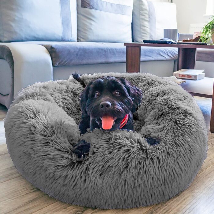 М'яке ліжко для собак знімний чохол 65 см - Ручна робота, пухнасте ліжко для собак, подушка для собак пухнаста, ліжко для котів, машинне прання - Кругле ліжко для котів сірого кольору 65 см сірого кольору