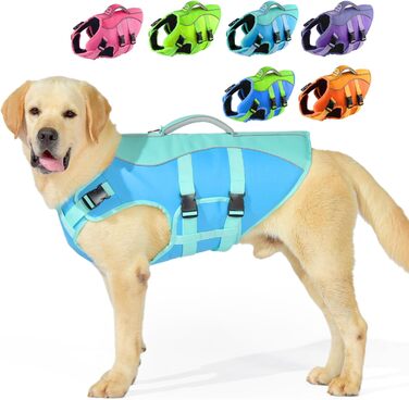 Жилет для плавання собак великий, рятувальний жилет для собак, для плавання та катання на човні, світловідбиваючий жилет для цуценят з високою плавучістю та ручкою для порятунку, регульований, великий розмір (обхват грудей: 19.7-29.5'') (середній (обхват 