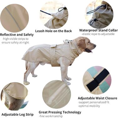 Регульований водонепроникний дощовик для собак, легка дощова куртка для тварин, одяг для цуценят з відбиваючими смугами для маленьких, середніх та великих собак (Хакі, M)