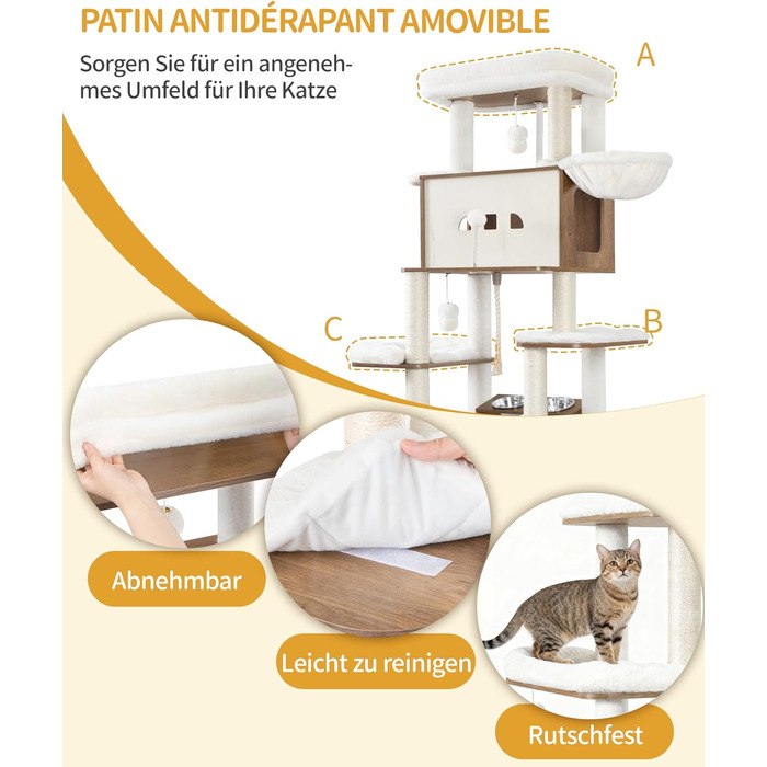 Драбина-кіготь для котів з туалетом, годівницею, 173 см, велика платформа, мотузка сизаль, гамак, знімний килимок, іграшки-кульки, білий та коричневий колір CB89014WT