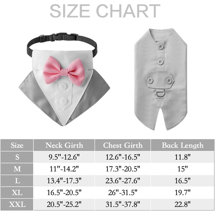 Костюм для собак з банданою, нашийник, одяг для собак на весілля, костюм з рожевою краваткою та регульованою пряжкою, для великих собак (Сірий, L)