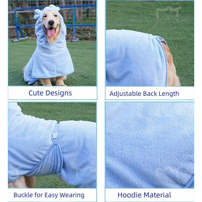 Рушник для собак та котів Fnaobai, халат, швидковисихаючий, з капюшоном, регульований комір та пояс, для басейну, пляжу, зелений (XL, синій)