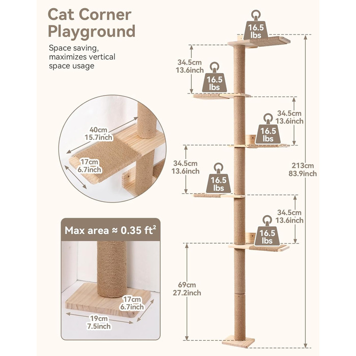 Кігтеточка PawGiant з 5 ярусів, кріпиться до стіни, 213 см, з сизалю, платформами, для котів середніх розмірів