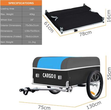 Фарбований вантажний причіп Tiggo Cargo II, 130 літрів, складаний, зелений (блакитний)