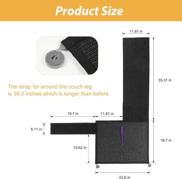 Захист для дивану від кігтів котів, 70 x 50 см, з сизалю, для захисту меблів (чорний)