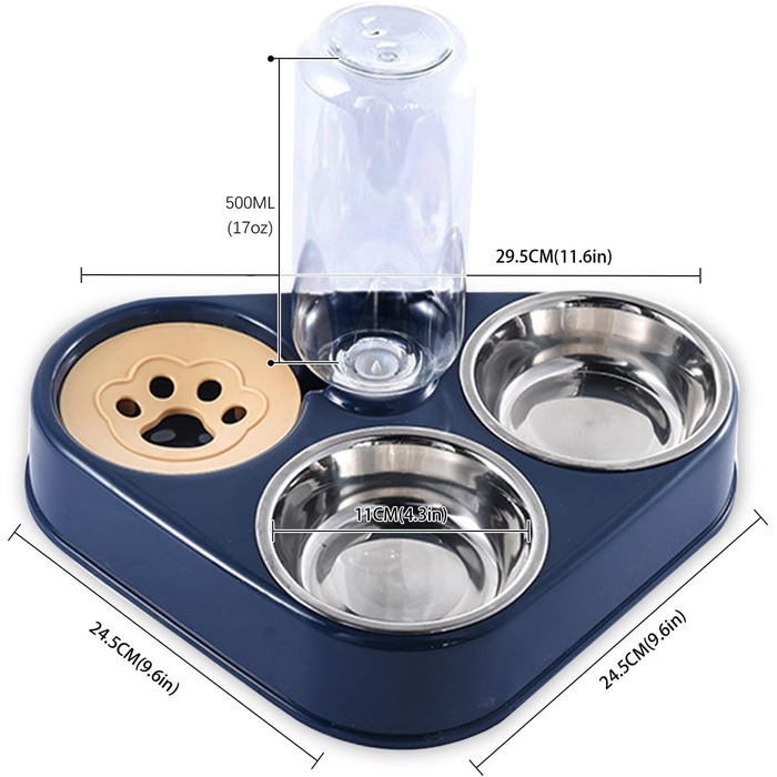 Миска для кота з нержавіючої сталі 3-в-1 з автоматичним дозатором води, подвійна миска для котів та собак маленьких та середніх порід (Блакитна)