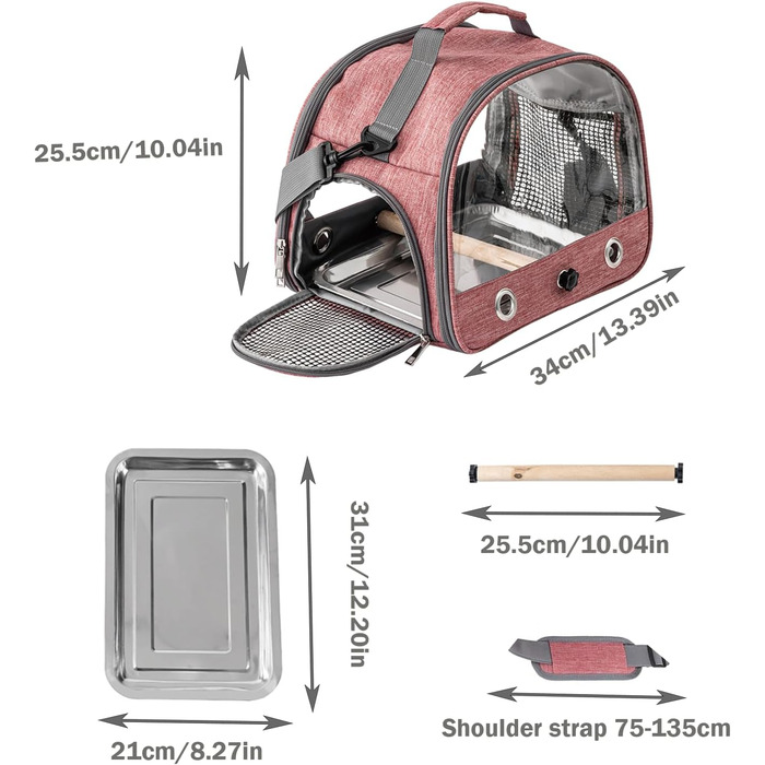 Транспортна сумка для папуг: рюкзак-переноска з підставкою та підносом з нержавіючої сталі, для малих птахів (рожевий)