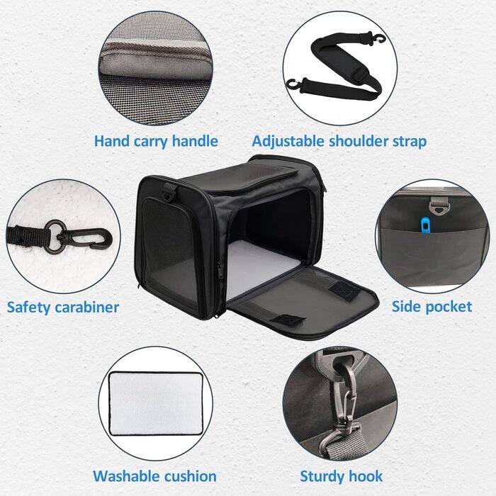 Транспортна сумка для котів та собак Kathson, схвалена авіакомпаніями, складна, чорна, до 6,8 кг
