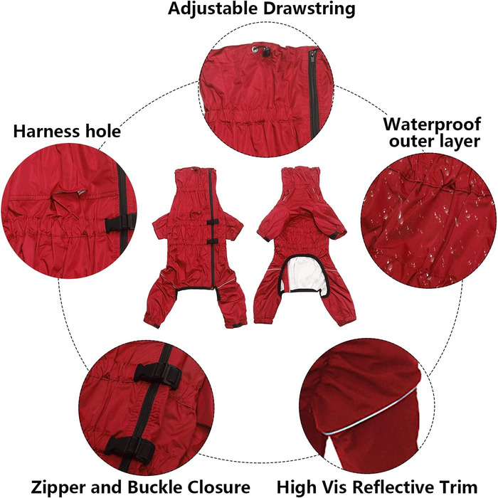 Водонепроникний дощовик для собак на 4 лапи з отвором для шлейки, червоний, XXXL