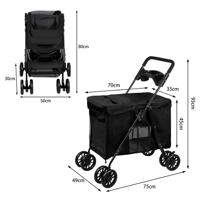 Візок для собак Homewell, візок-каляска для котів/маленьких собак, візок-каляска для дітей, прогулянковий візок для тварин з 2 вікнами на блискавці, тримач для напоїв, до 20 кг (Чорний)