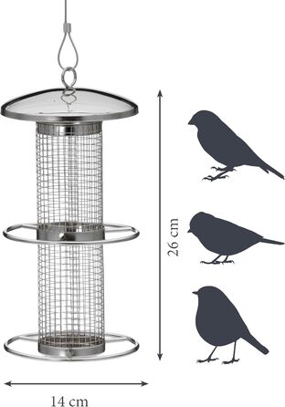 Годівниця для птахів Dobar® 10041 з нержавіючої сталі - годівниця для диких птахів, годівниця для горіхів з сіткою - сталева годівниця для саду/тераси/балкону, Ø 14 см x 26 см, срібна, 1 шт.
